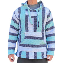 Front view of the aqua stripe baja hoodie