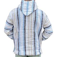 Back view of the white and blue stripe baja hoodie