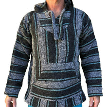 Front view of grey and aqua baja hoodie