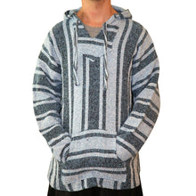 Front view of man wearing the sky blue baja hoodie