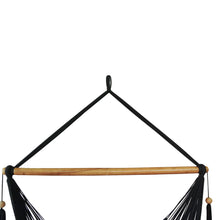 Detail view of the wooden bar on the byron black hammock chair
