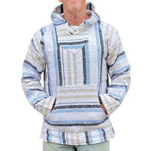 Front of the white and blue stripe baja hoodie
