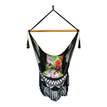 Styled byron black hanging chair with tropical cushion covers