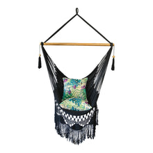 Front view of the byron black hammock chair styled with cushions