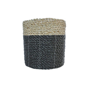 Medium size black plant basket front view natural around top with black bottom