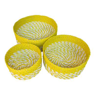 Set of three yellow low baskets